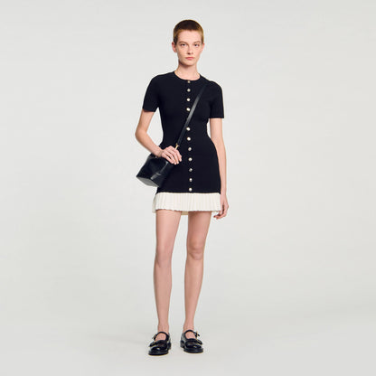 Sandro Mini knit dress with ruffle Black / Ecru