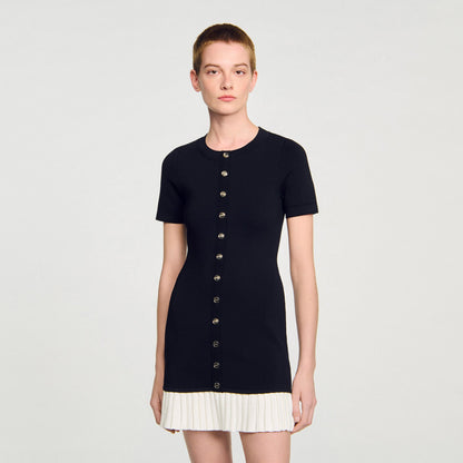 Sandro Mini knit dress with ruffle Black / Ecru