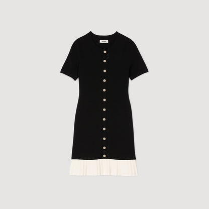 Sandro Mini knit dress with ruffle Black / Ecru