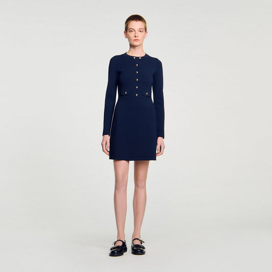 Sandro Mini button-up knit dress Navy Blue