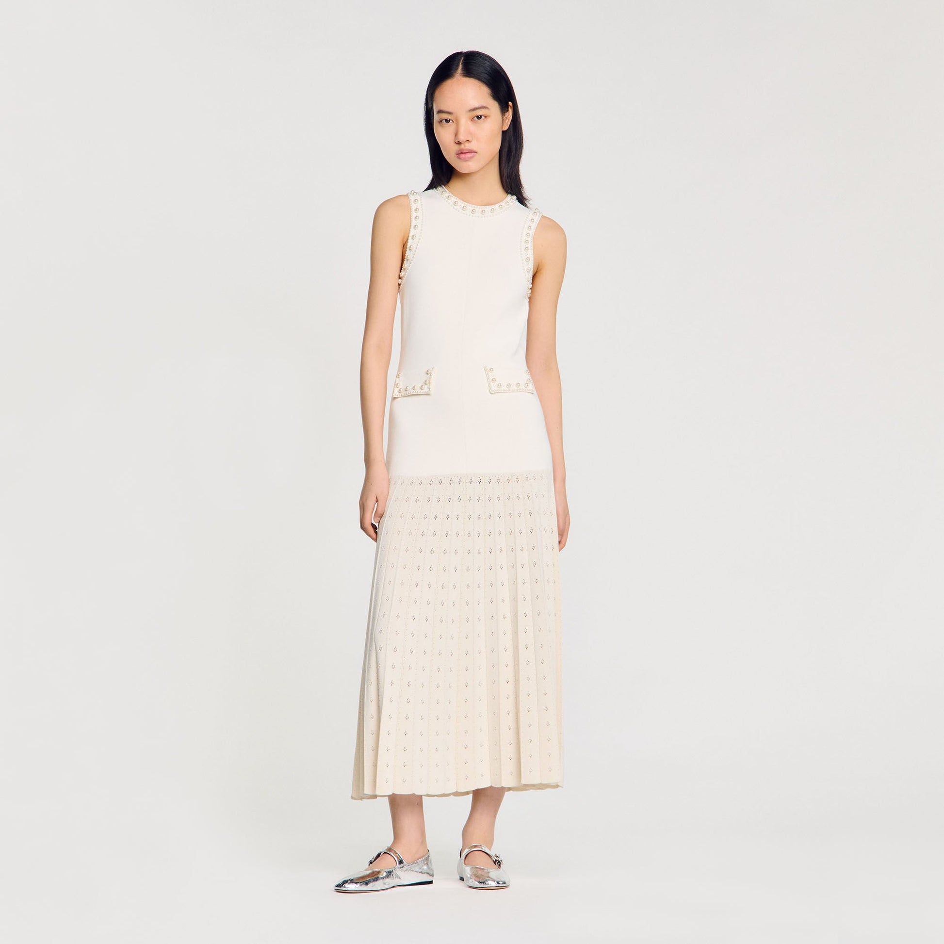 Sandro Pearl bead knit maxi dress Ecru