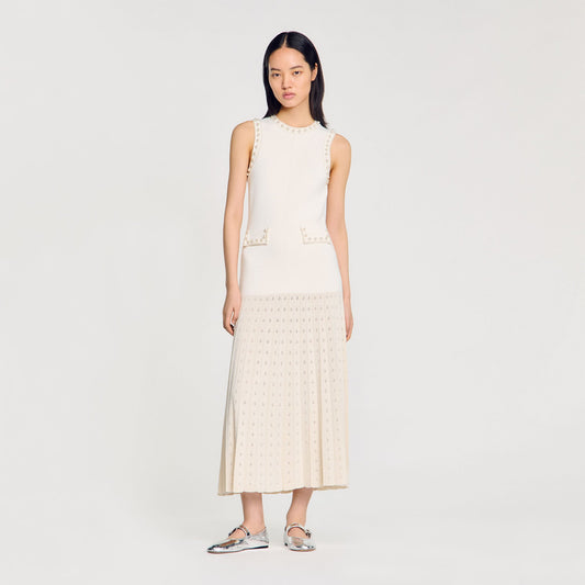 Sandro Pearl bead knit maxi dress Ecru