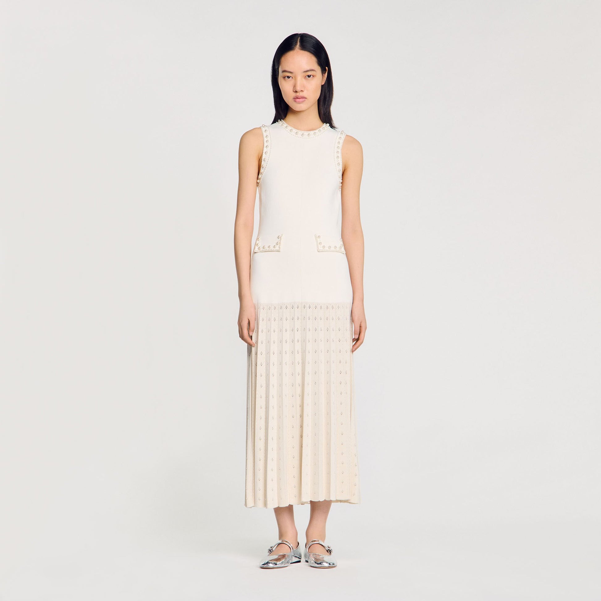 Sandro Pearl bead knit maxi dress Ecru