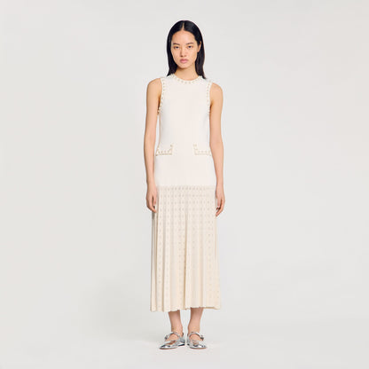 Sandro Pearl bead knit maxi dress Ecru
