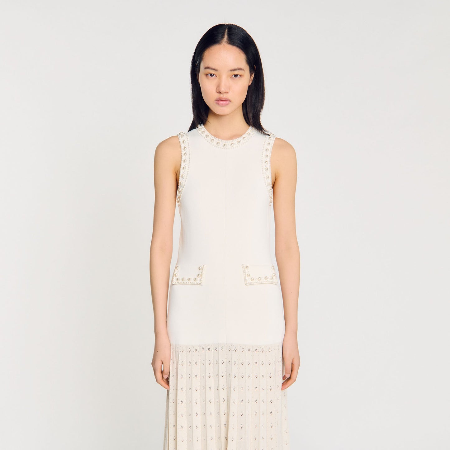 Sandro Pearl bead knit maxi dress Ecru