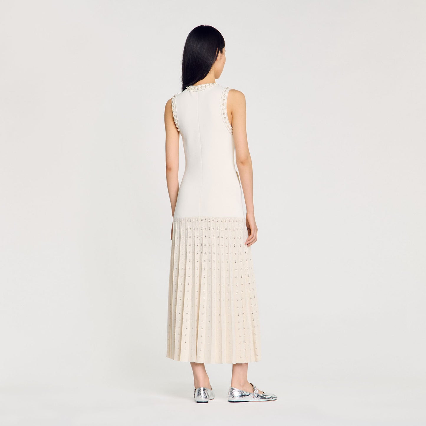 Sandro Pearl bead knit maxi dress Ecru
