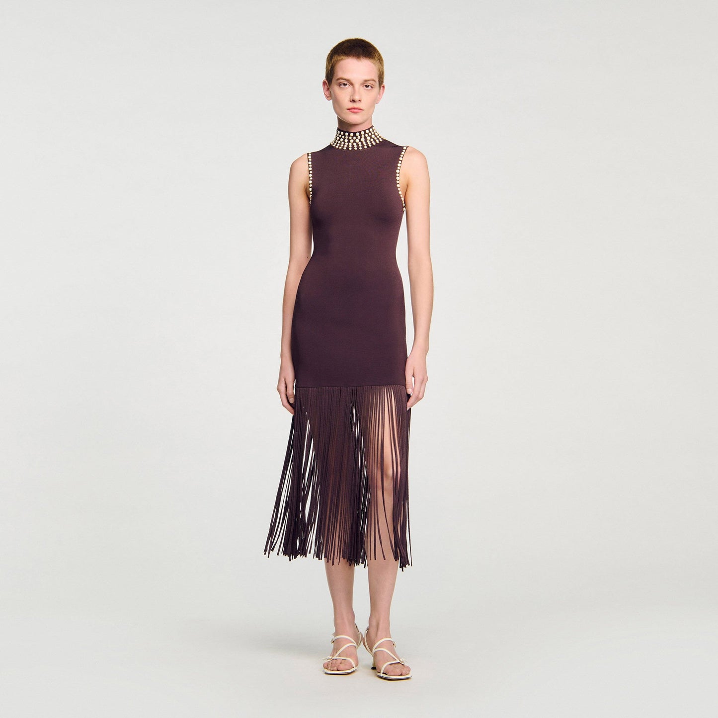 Sandro Fringed knit midi dress Brown