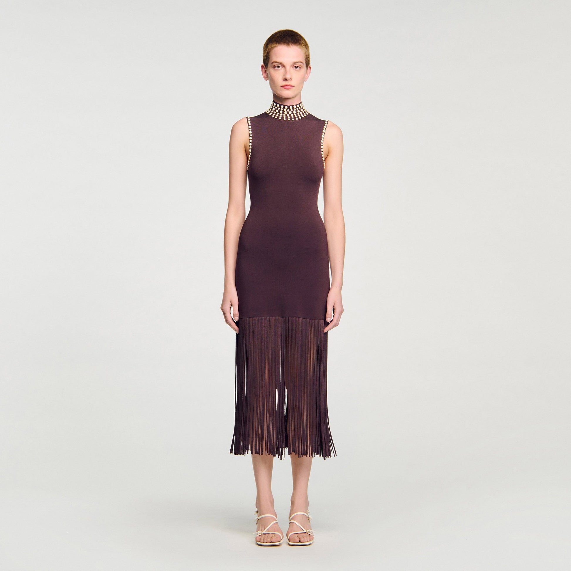 Sandro Fringed knit midi dress Brown