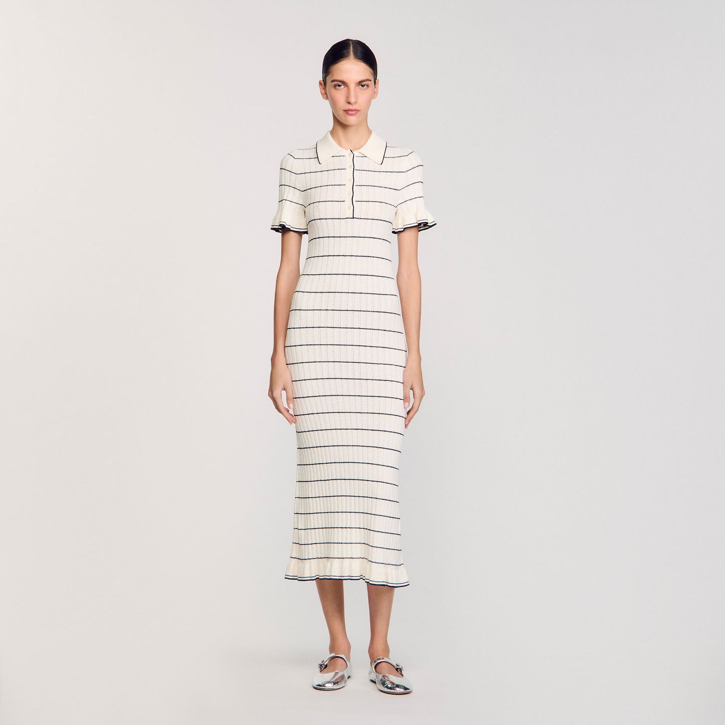 Sandro Knitted midi dress with polo neck Ecru