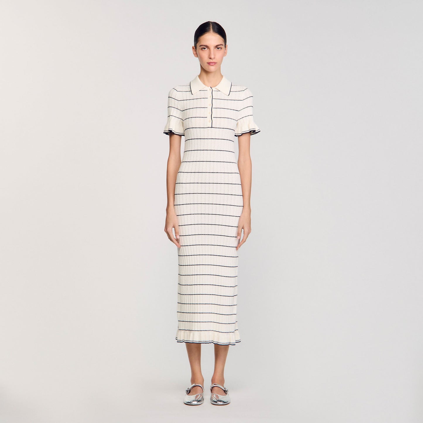 Sandro Knitted midi dress with polo neck Ecru