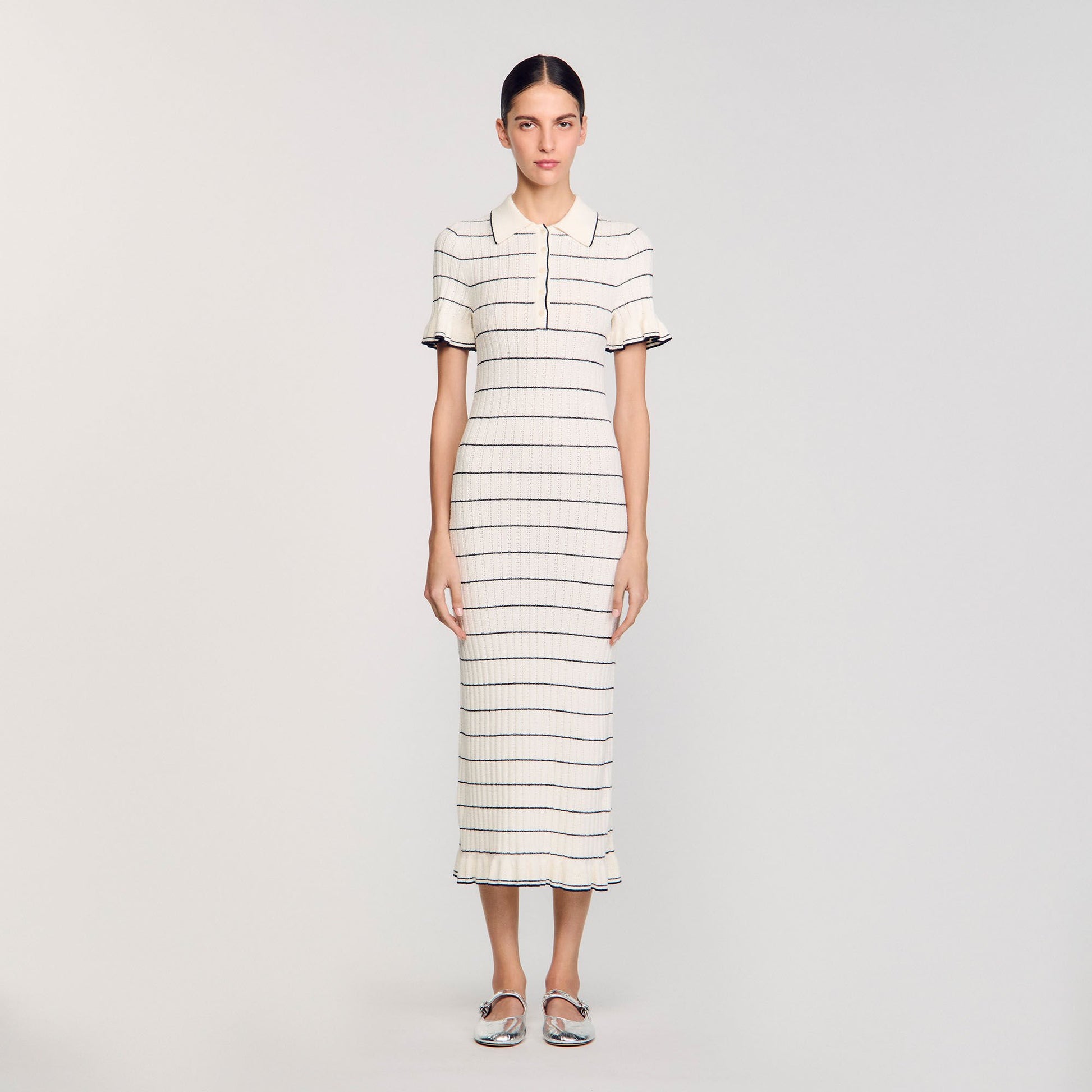 Sandro Knitted midi dress with polo neck Ecru