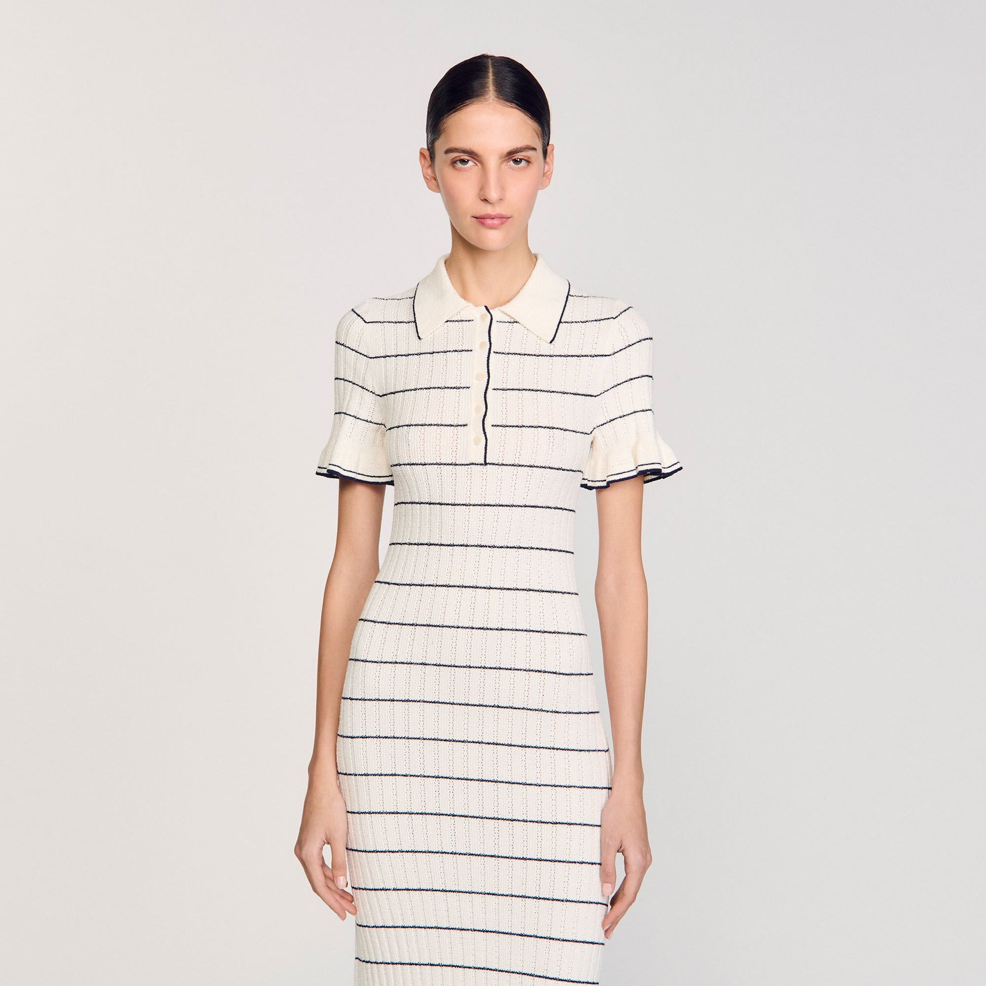 Sandro Knitted midi dress with polo neck Ecru