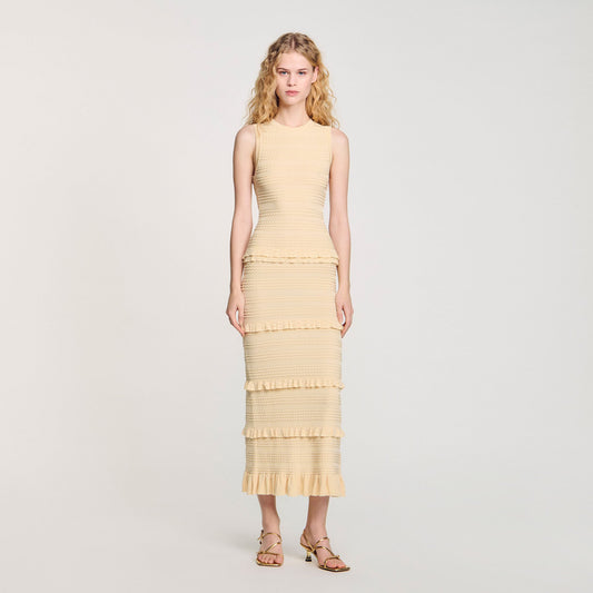 Sandro Ruffled knit maxi dress Ecru