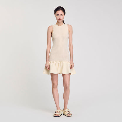 Sandro Mini knit dress with ruffle Ecru
