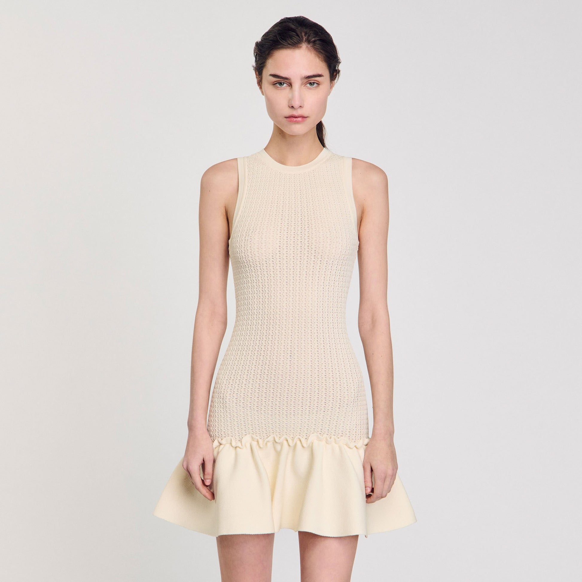 Sandro Mini knit dress with ruffle Ecru
