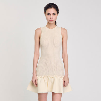 Sandro Mini knit dress with ruffle Ecru
