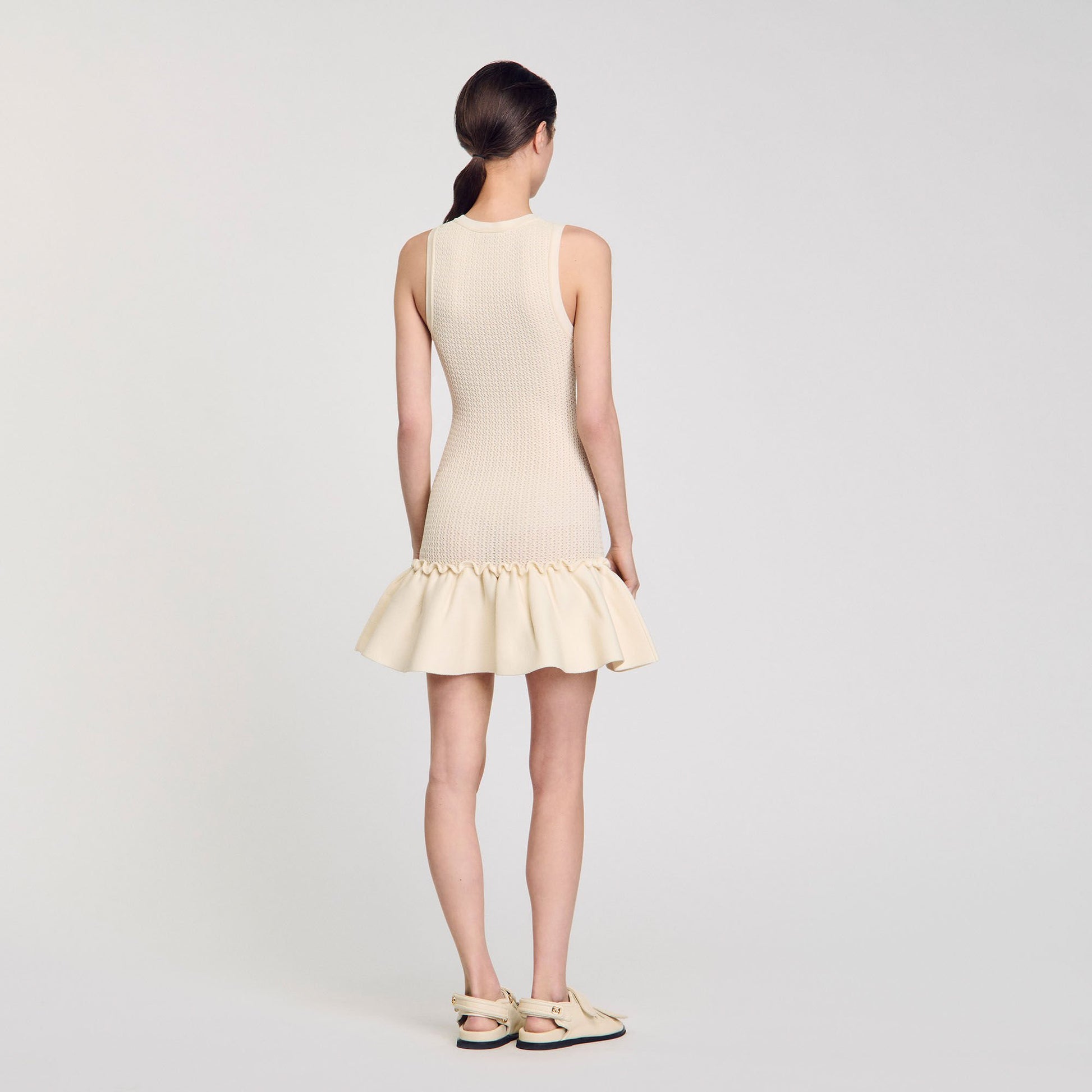 Sandro Mini knit dress with ruffle Ecru