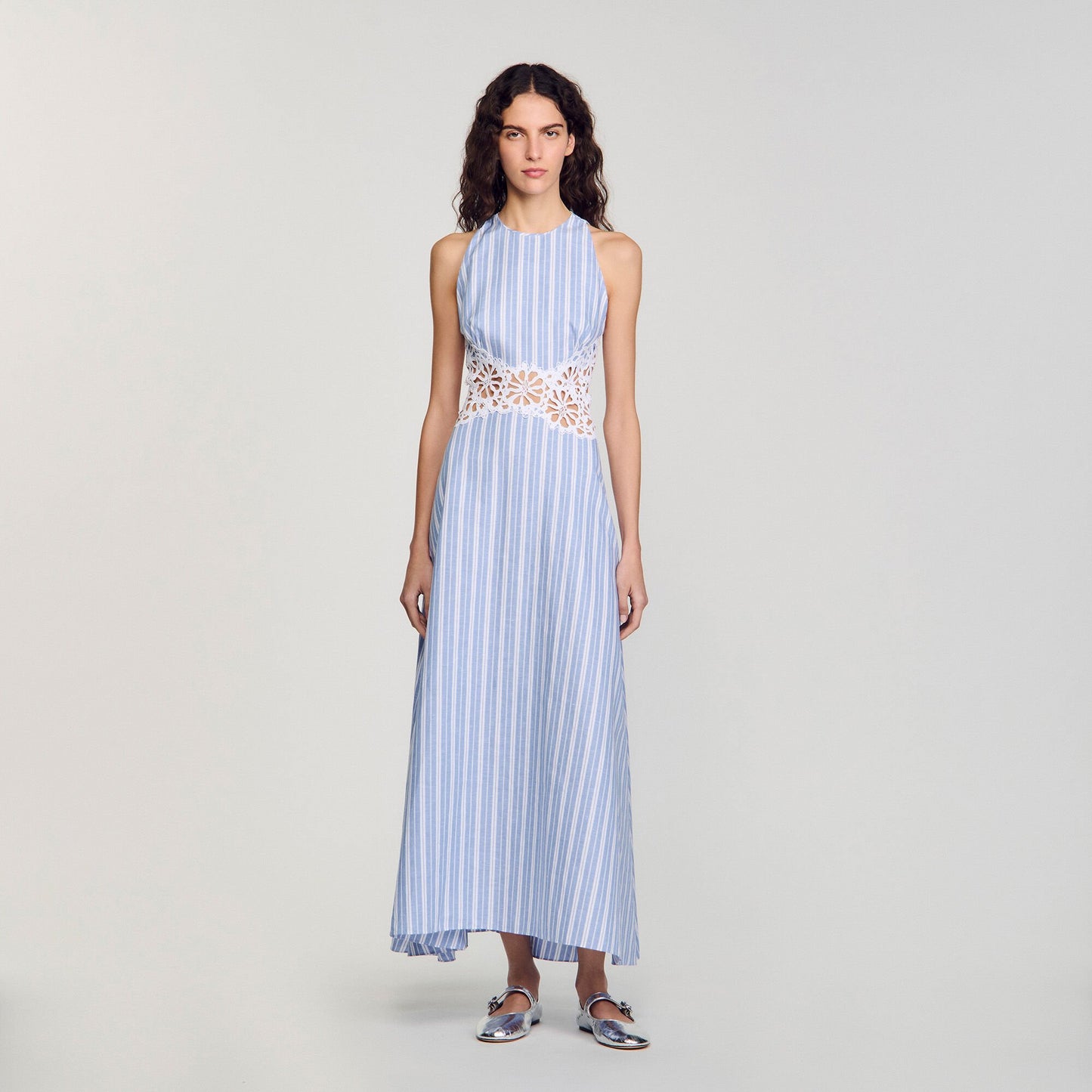 Sandro Striped maxi dress with lace Blu / White