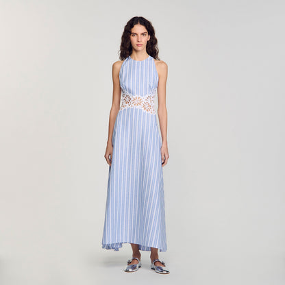 Sandro Striped maxi dress with lace Blu / White
