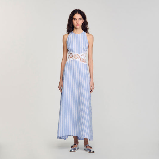 Sandro Striped maxi dress with lace Blu / White