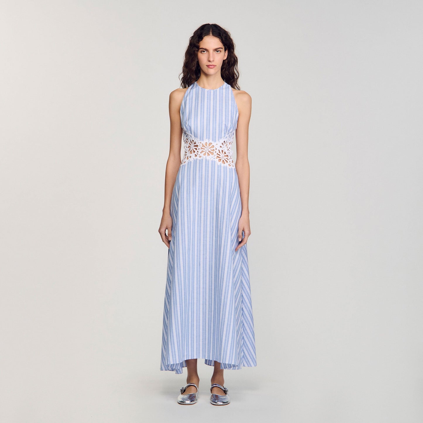 Sandro Striped maxi dress with lace Blu / White