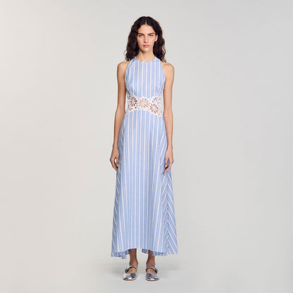 Sandro Striped maxi dress with lace Blu / White