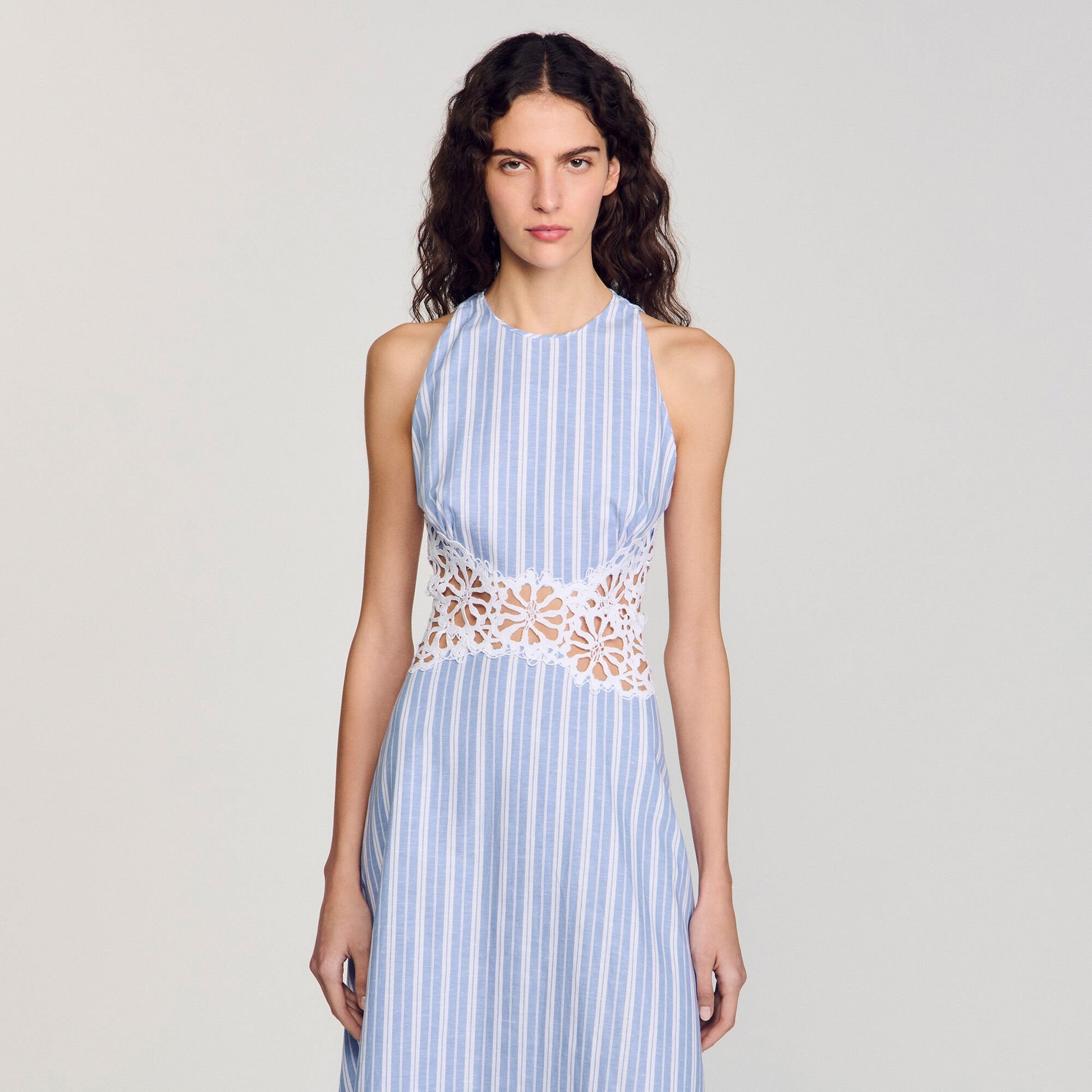 Sandro Striped maxi dress with lace Blu / White