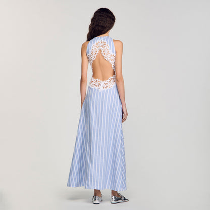 Sandro Striped maxi dress with lace Blu / White