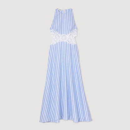 Sandro Striped maxi dress with lace Blu / White