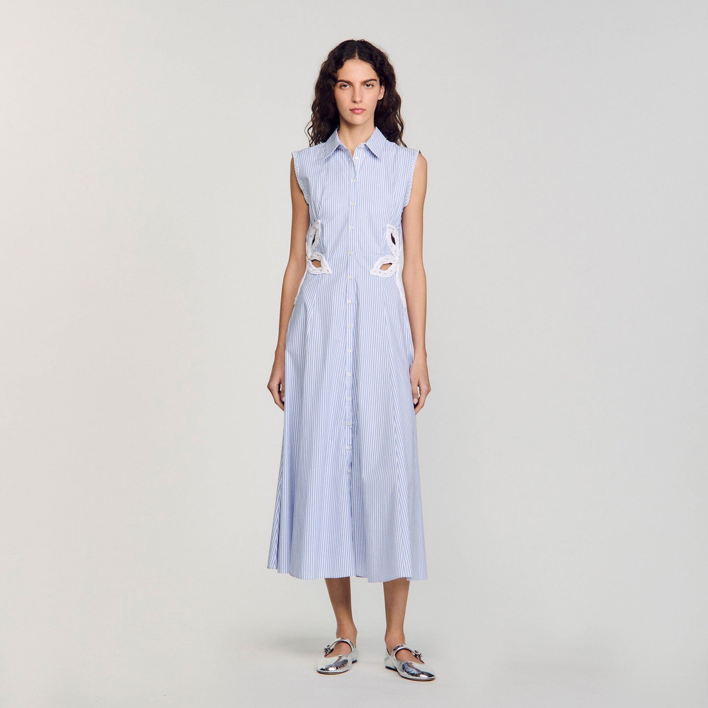 Sandro Striped embroidered maxi dress Sky Blue