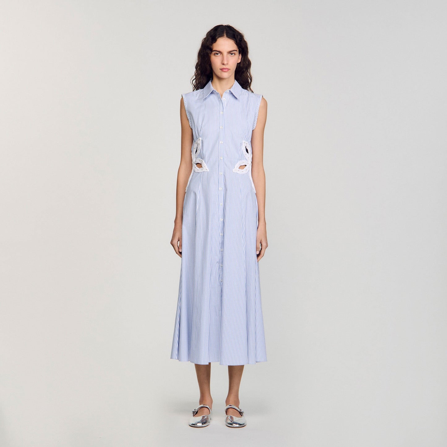 Sandro Striped embroidered maxi dress Sky Blue