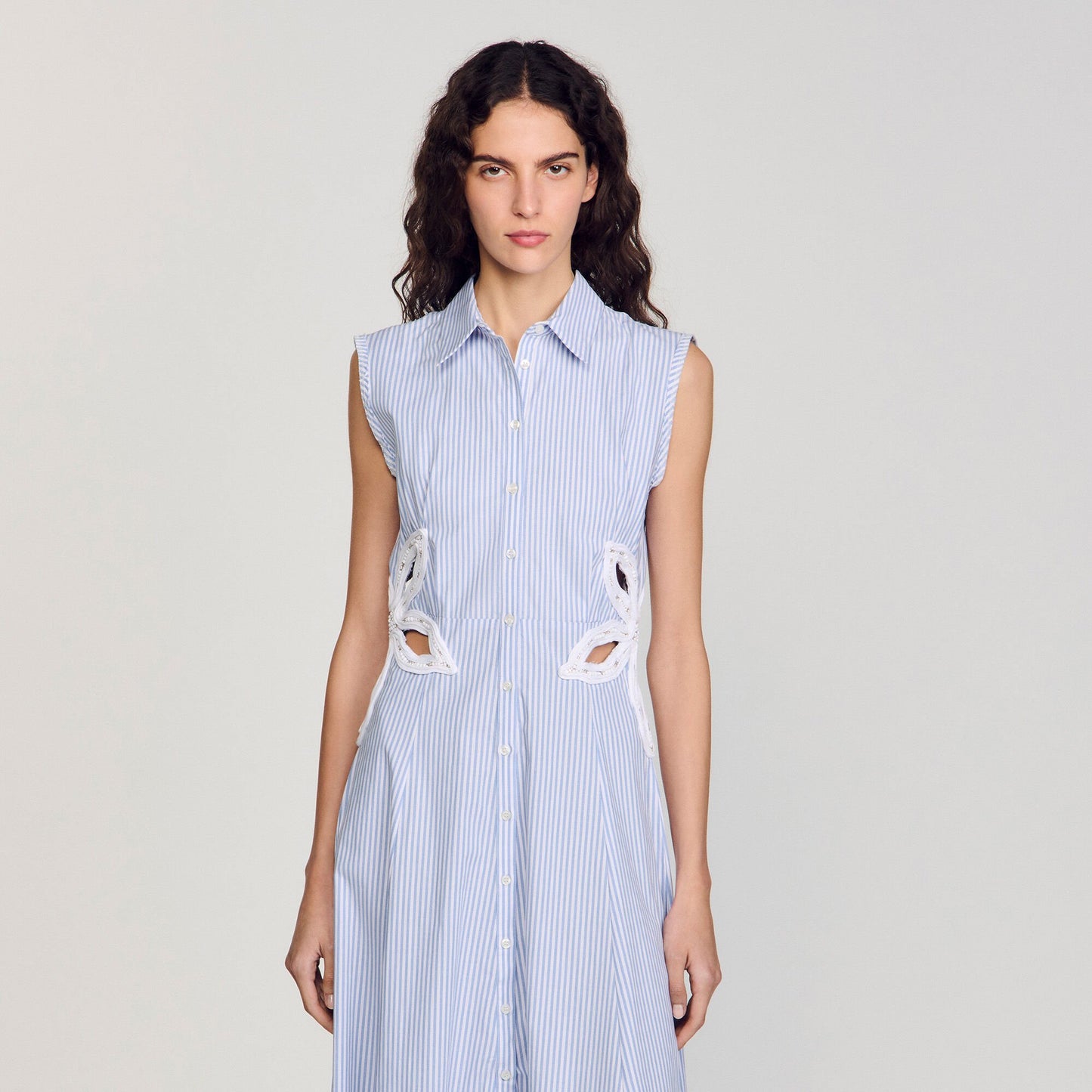 Sandro Striped embroidered maxi dress Sky Blue