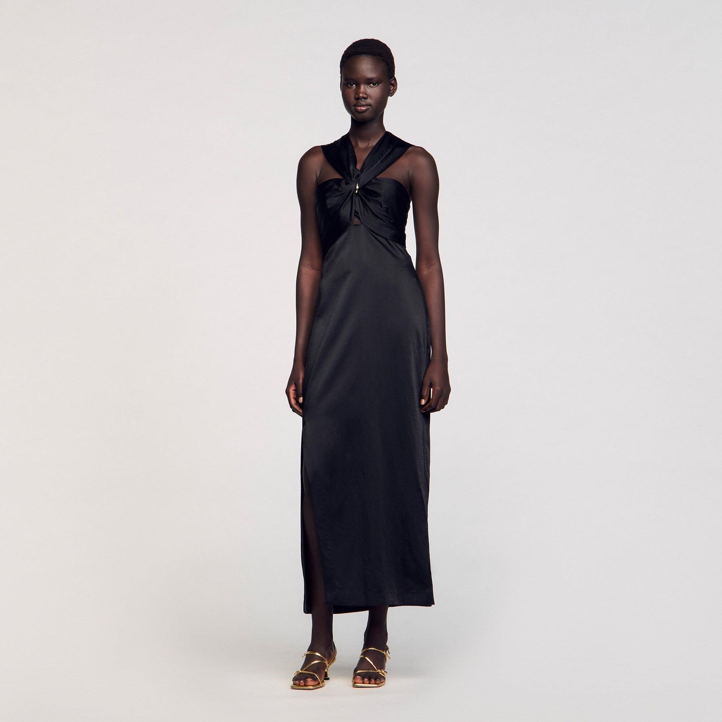 Sandro Slit satin-effect maxi dress Black