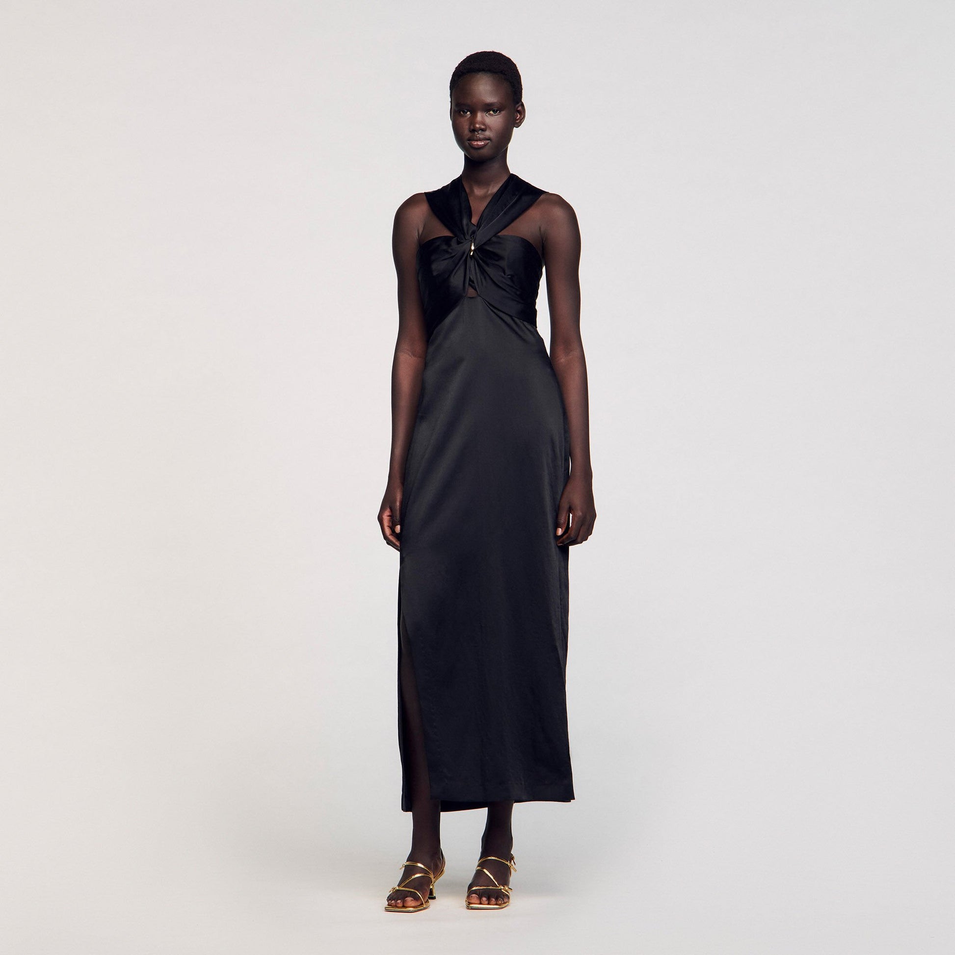 Sandro Slit satin-effect maxi dress Black