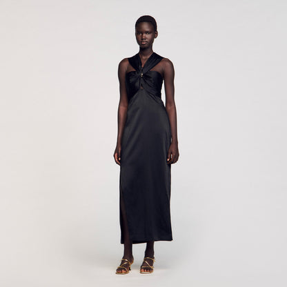 Sandro Slit satin-effect maxi dress Black