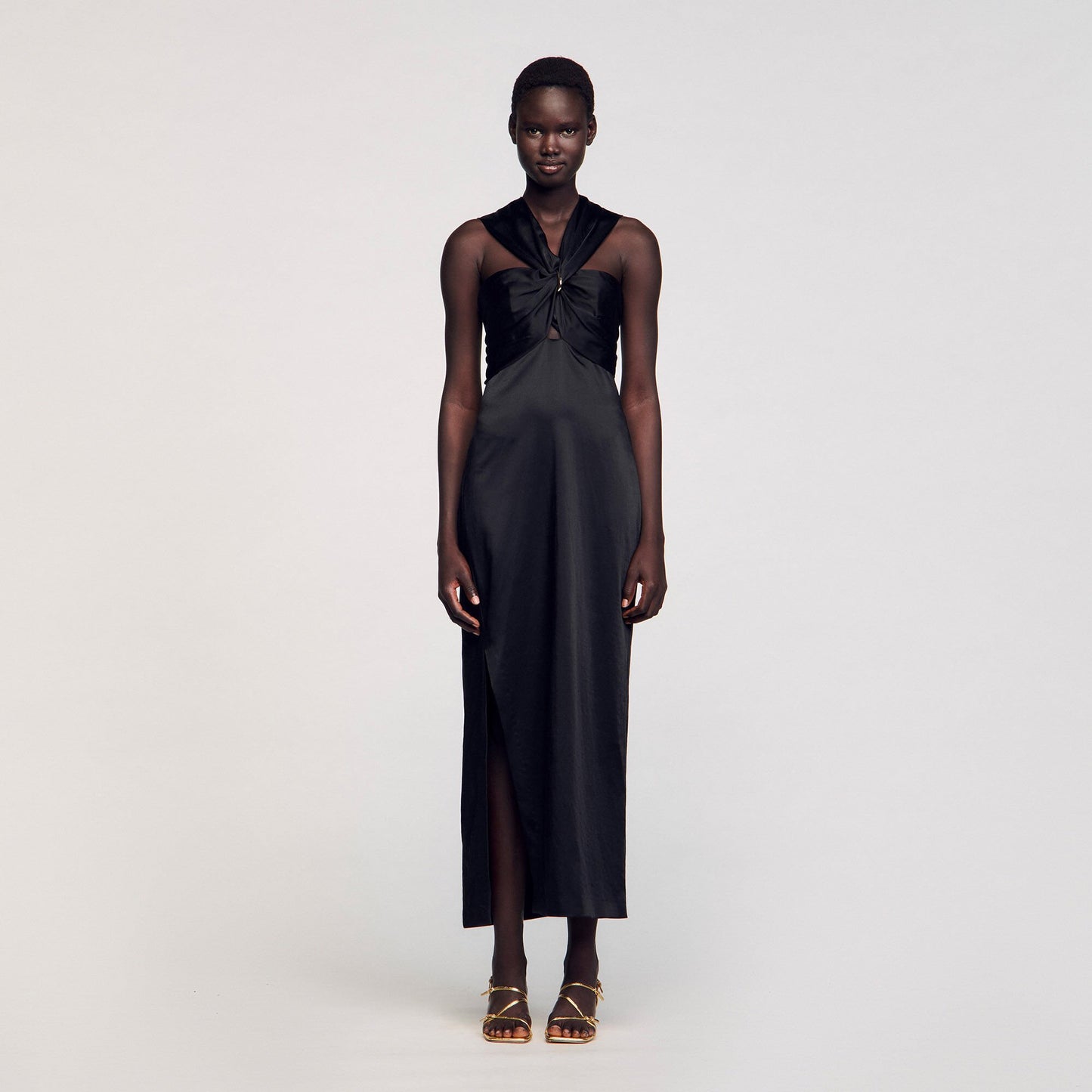 Sandro Slit satin-effect maxi dress Black