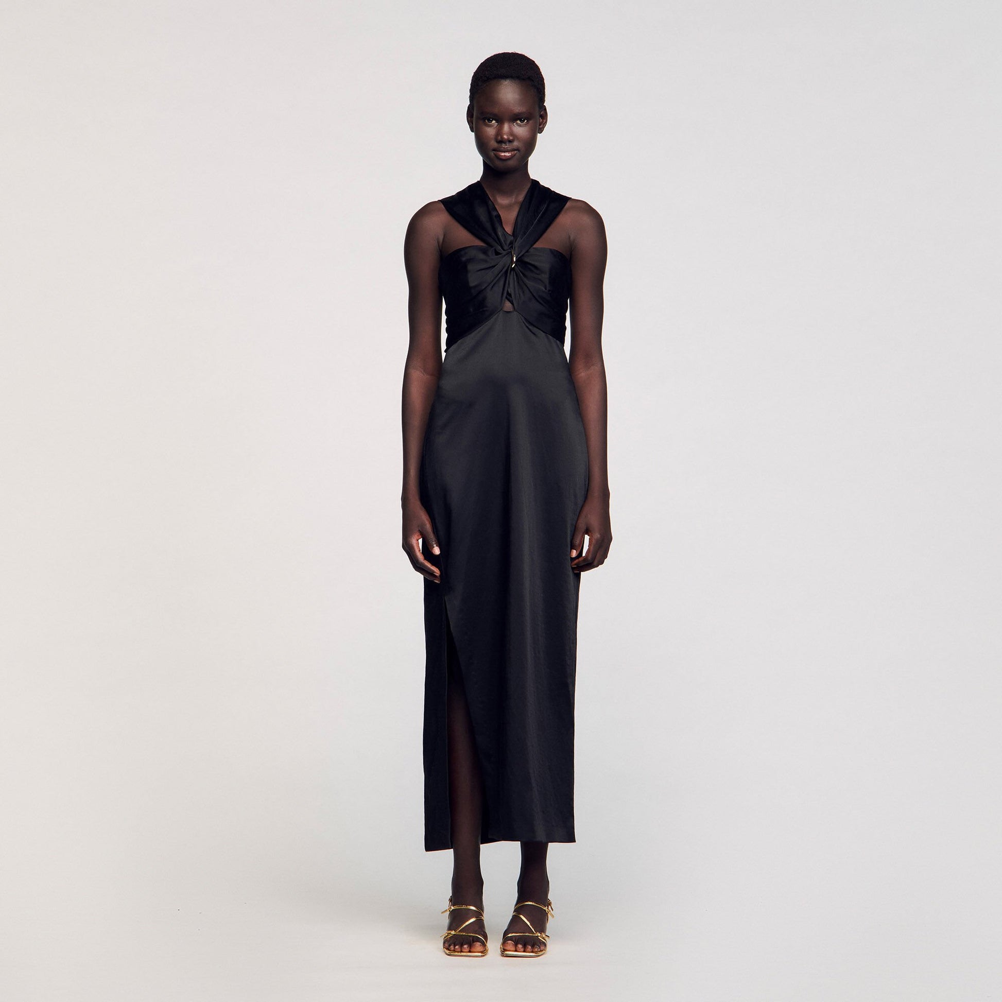 Sandro Slit satin-effect maxi dress Black