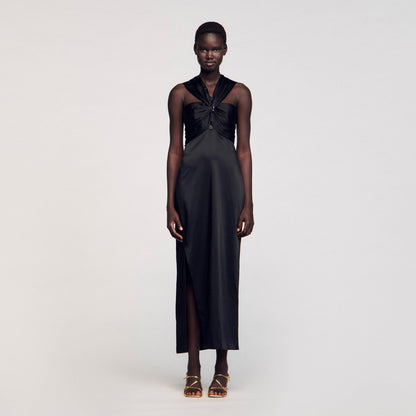 Sandro Slit satin-effect maxi dress Black
