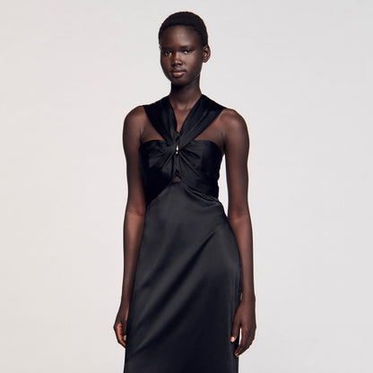 Sandro Slit satin-effect maxi dress Black