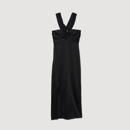 Sandro Slit satin-effect maxi dress Black