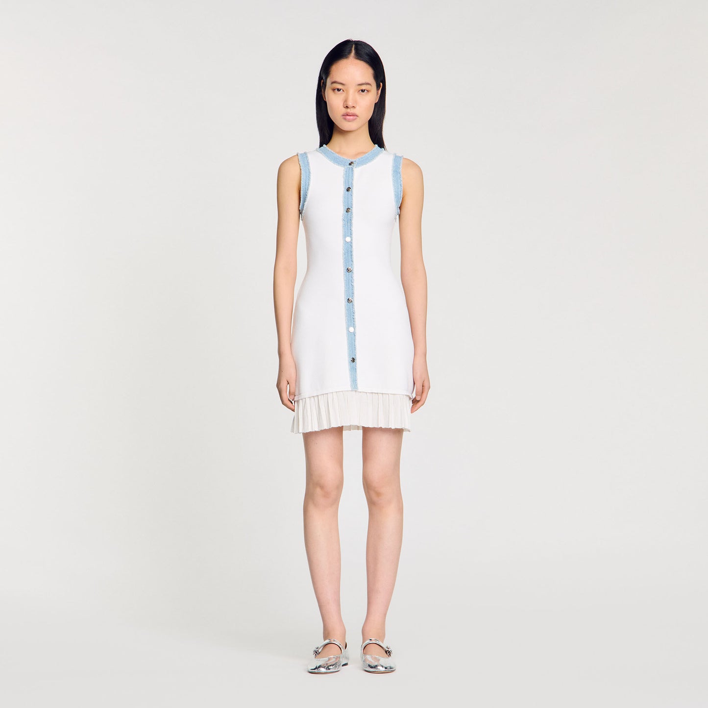 Sandro Mini knit dress with ruffles Ecru