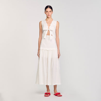 Sandro Crinkled maxi dress with bow Ecru