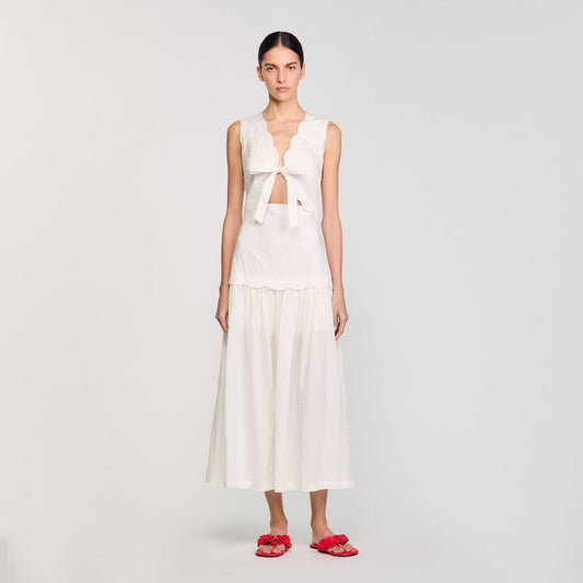 Sandro Crinkled maxi dress with bow Ecru