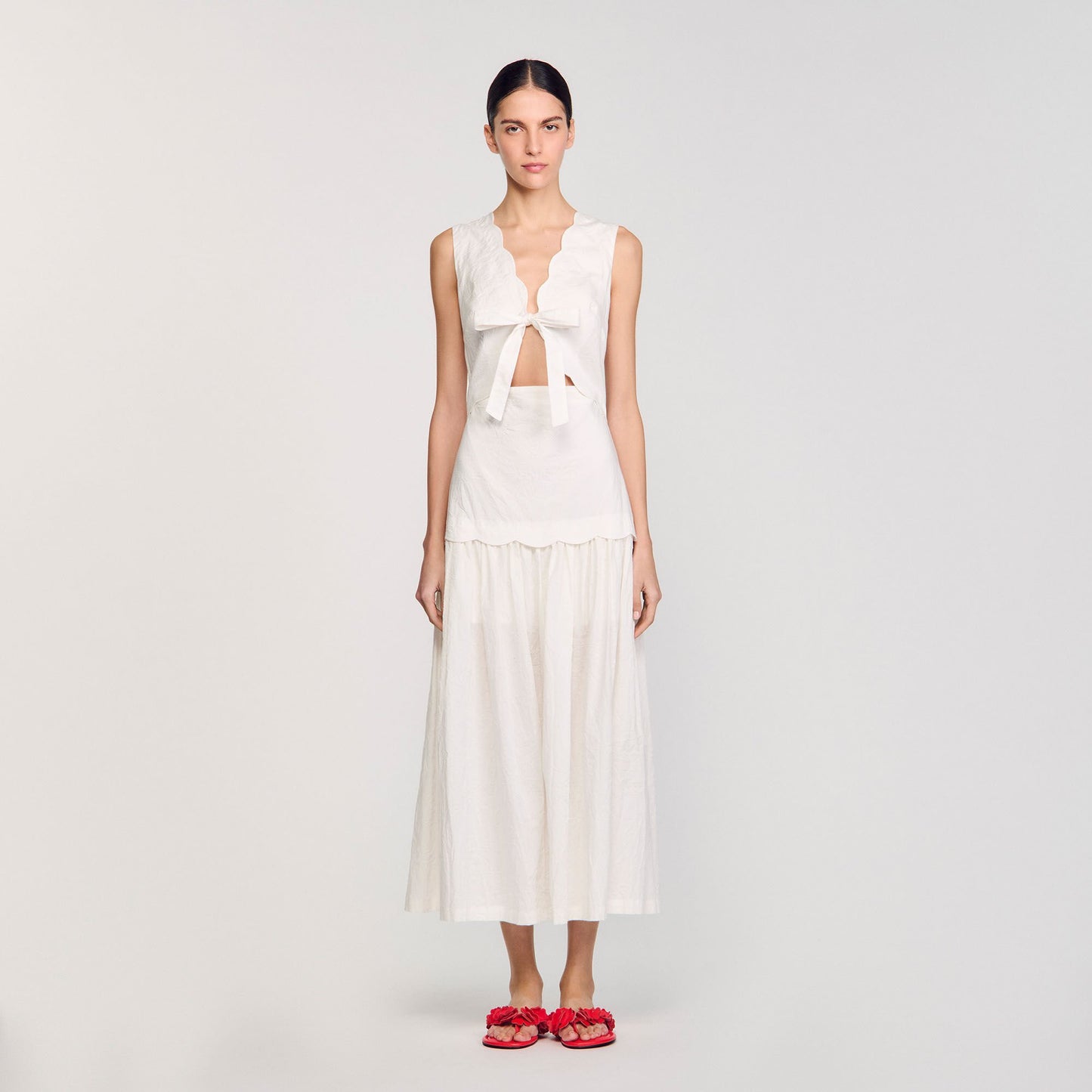 Sandro Crinkled maxi dress with bow Ecru