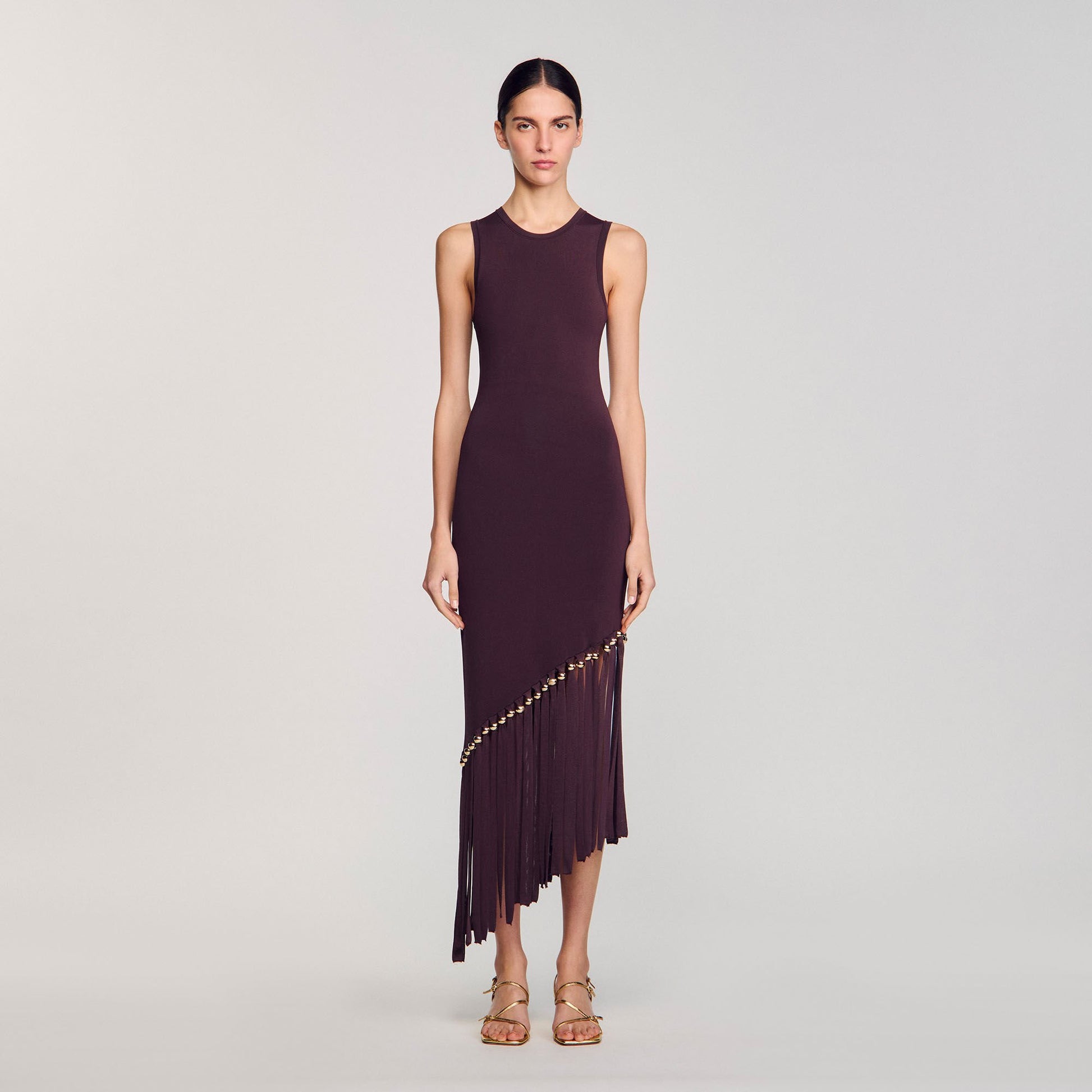 Sandro Fringed and beaded maxi dress Brown