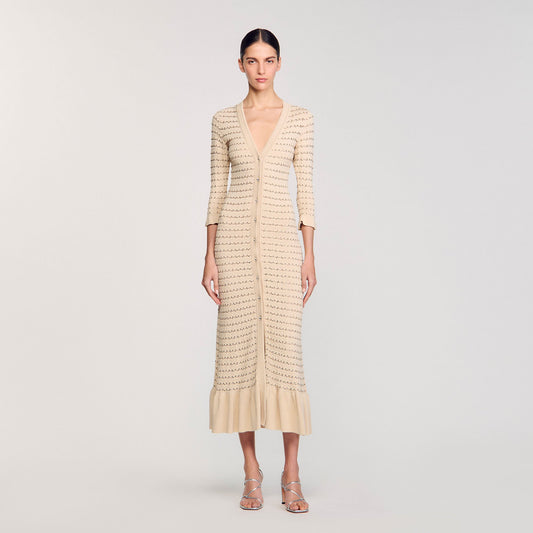 Sandro Rhinestone knit maxi dress Beige