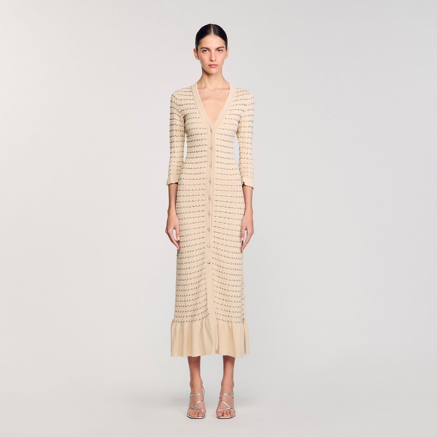 Sandro Rhinestone knit maxi dress Beige