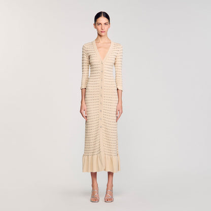 Sandro Rhinestone knit maxi dress Beige