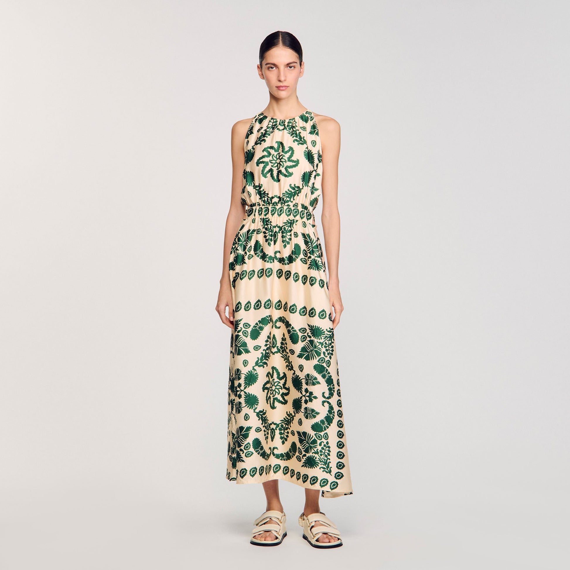 Sandro Leaf print maxi dress Ecru / Green