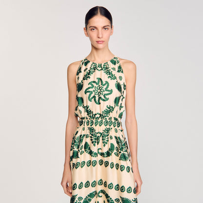 Sandro Leaf print maxi dress Ecru / Green